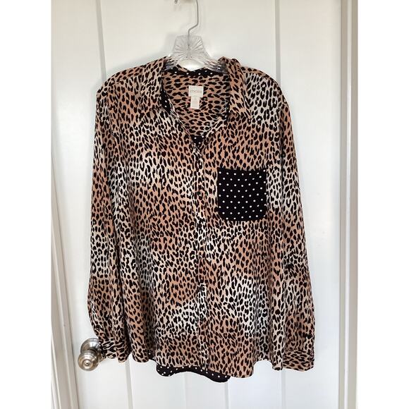 Chico’s Women's Animal Print Roll-Tab Sleeve Blouse Top Black Brown Size 4 (xl) - Picture 1 of 9